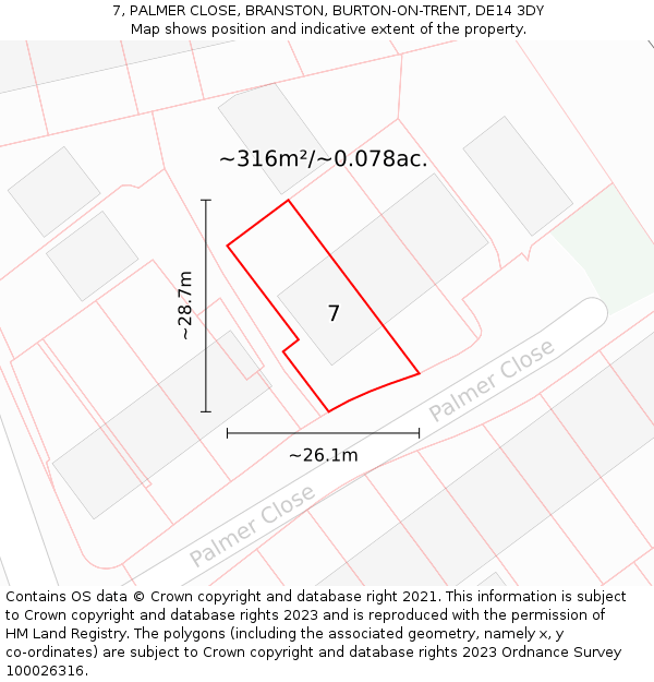 7, PALMER CLOSE, BRANSTON, BURTON-ON-TRENT, DE14 3DY: Plot and title map