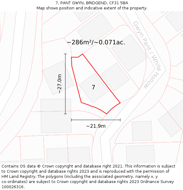 7, PANT GWYN, BRIDGEND, CF31 5BA: Plot and title map