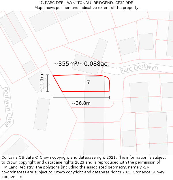 7, PARC DERLLWYN, TONDU, BRIDGEND, CF32 9DB: Plot and title map