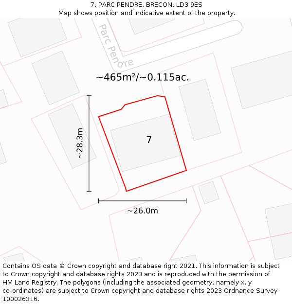 7, PARC PENDRE, BRECON, LD3 9ES: Plot and title map