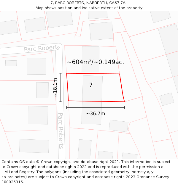 7, PARC ROBERTS, NARBERTH, SA67 7AH: Plot and title map