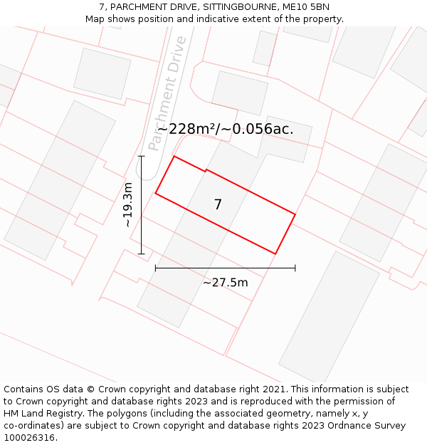 7, PARCHMENT DRIVE, SITTINGBOURNE, ME10 5BN: Plot and title map