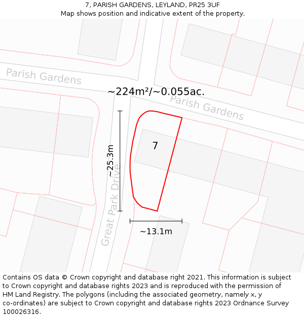 7, PARISH GARDENS, LEYLAND, PR25 3UF: Plot and title map