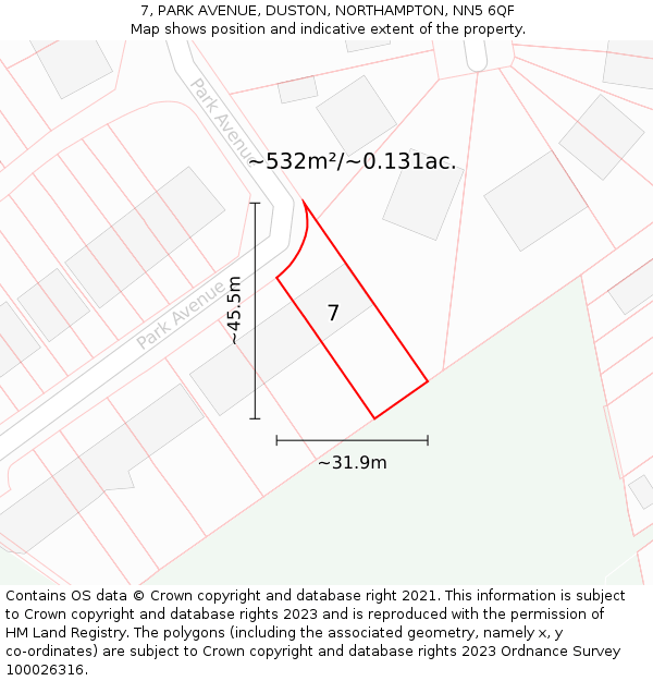 7, PARK AVENUE, DUSTON, NORTHAMPTON, NN5 6QF: Plot and title map