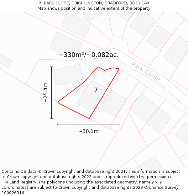 7, PARK CLOSE, DRIGHLINGTON, BRADFORD, BD11 1AX: Plot and title map