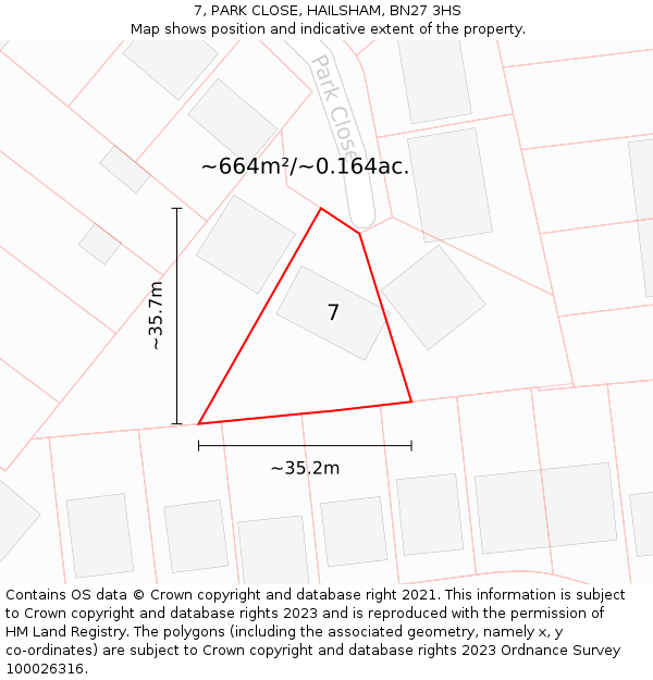 7, PARK CLOSE, HAILSHAM, BN27 3HS: Plot and title map