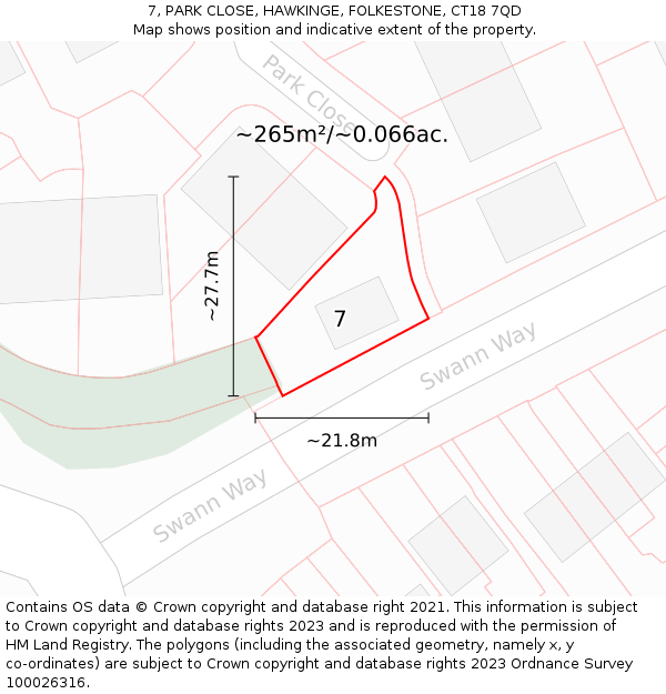 7, PARK CLOSE, HAWKINGE, FOLKESTONE, CT18 7QD: Plot and title map