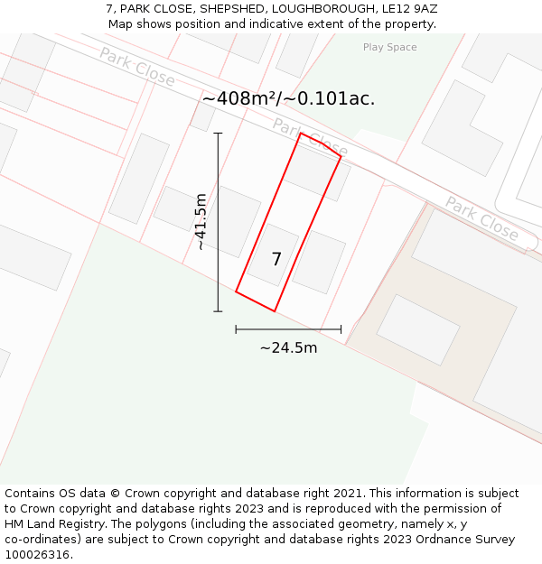 7, PARK CLOSE, SHEPSHED, LOUGHBOROUGH, LE12 9AZ: Plot and title map