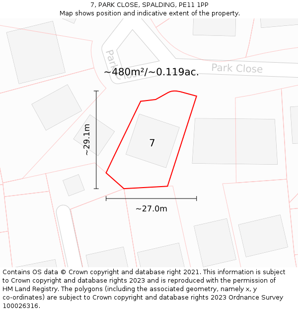 7, PARK CLOSE, SPALDING, PE11 1PP: Plot and title map