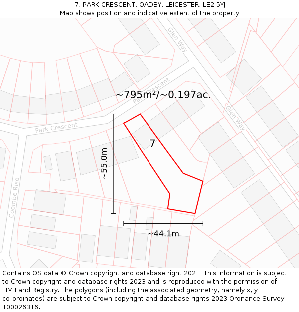 7, PARK CRESCENT, OADBY, LEICESTER, LE2 5YJ: Plot and title map