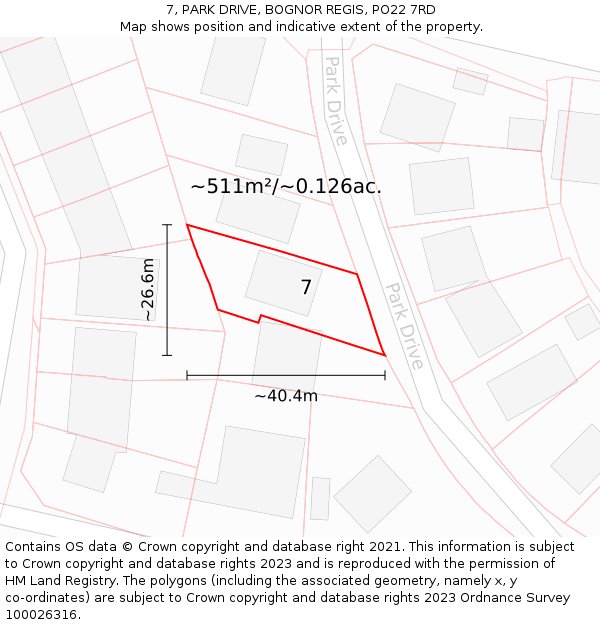 7, PARK DRIVE, BOGNOR REGIS, PO22 7RD: Plot and title map