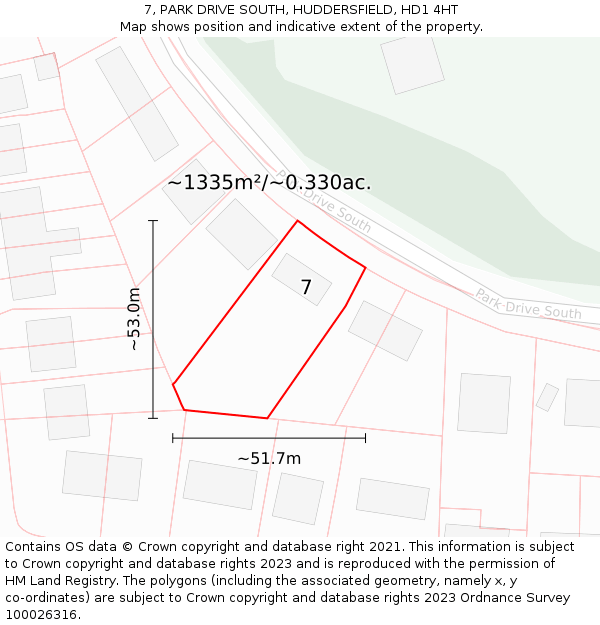 7, PARK DRIVE SOUTH, HUDDERSFIELD, HD1 4HT: Plot and title map