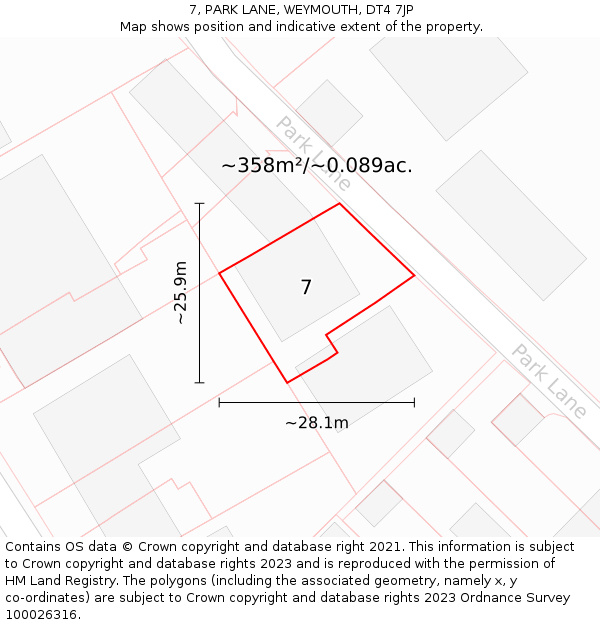 7, PARK LANE, WEYMOUTH, DT4 7JP: Plot and title map