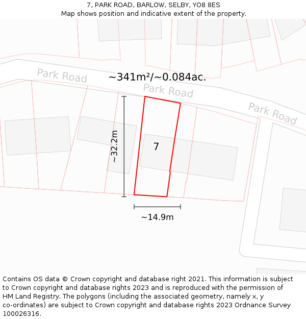 7, PARK ROAD, BARLOW, SELBY, YO8 8ES: Plot and title map