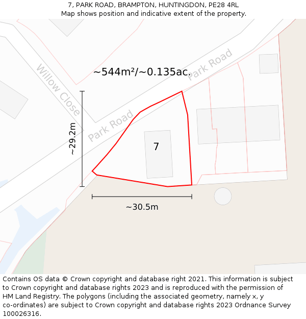 7, PARK ROAD, BRAMPTON, HUNTINGDON, PE28 4RL: Plot and title map