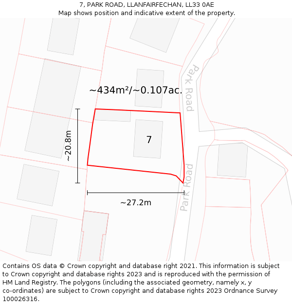 7, PARK ROAD, LLANFAIRFECHAN, LL33 0AE: Plot and title map