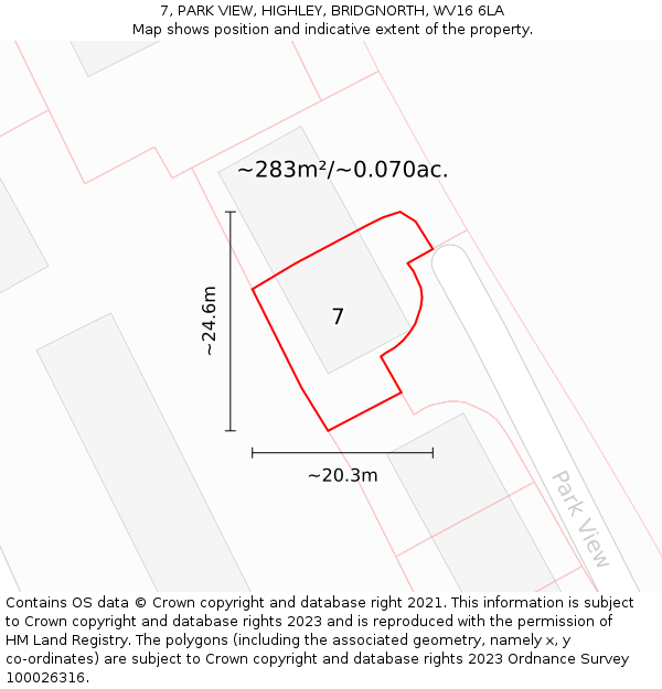 7, PARK VIEW, HIGHLEY, BRIDGNORTH, WV16 6LA: Plot and title map