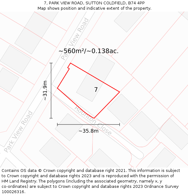 7, PARK VIEW ROAD, SUTTON COLDFIELD, B74 4PP: Plot and title map