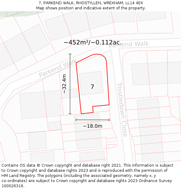 7, PARKEND WALK, RHOSTYLLEN, WREXHAM, LL14 4EX: Plot and title map