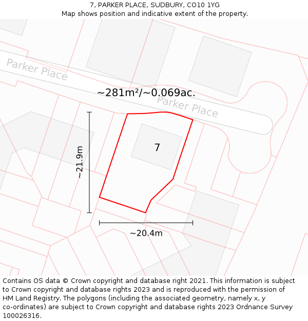 7, PARKER PLACE, SUDBURY, CO10 1YG: Plot and title map