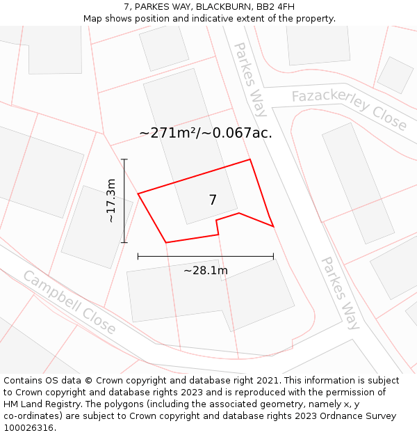 7, PARKES WAY, BLACKBURN, BB2 4FH: Plot and title map