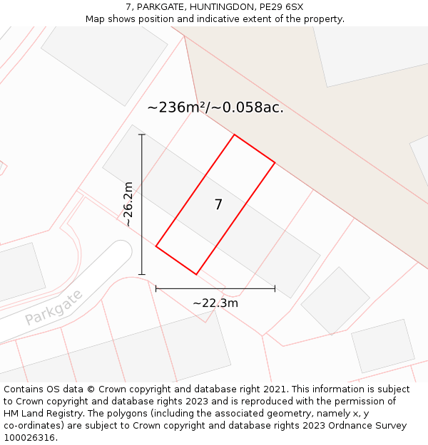 7, PARKGATE, HUNTINGDON, PE29 6SX: Plot and title map