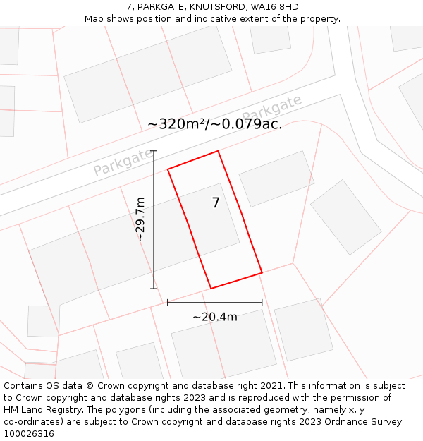 7, PARKGATE, KNUTSFORD, WA16 8HD: Plot and title map