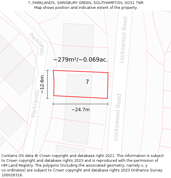 7, PARKLANDS, SARISBURY GREEN, SOUTHAMPTON, SO31 7WR: Plot and title map