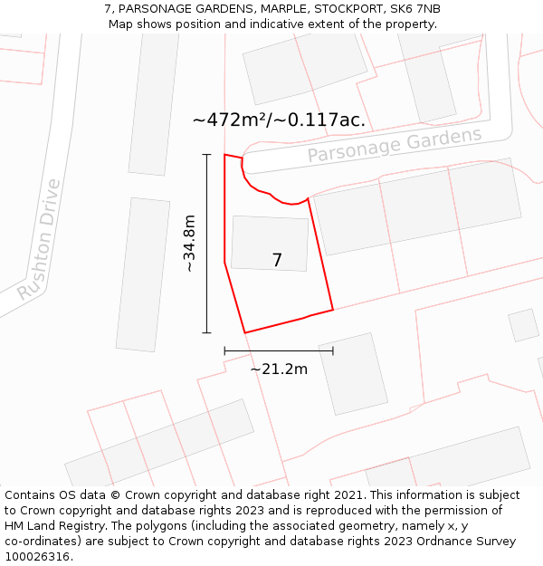 7, PARSONAGE GARDENS, MARPLE, STOCKPORT, SK6 7NB: Plot and title map