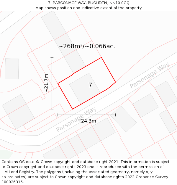 7, PARSONAGE WAY, RUSHDEN, NN10 0GQ: Plot and title map