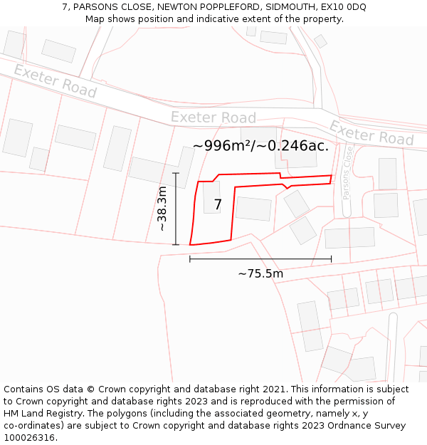 7, PARSONS CLOSE, NEWTON POPPLEFORD, SIDMOUTH, EX10 0DQ: Plot and title map