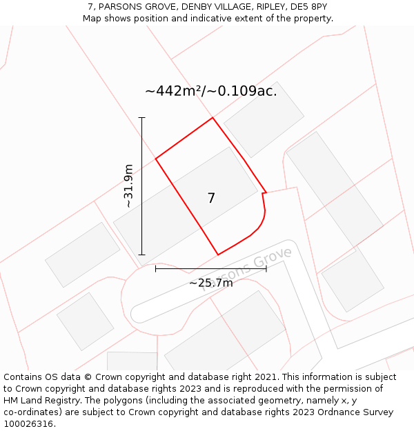 7, PARSONS GROVE, DENBY VILLAGE, RIPLEY, DE5 8PY: Plot and title map