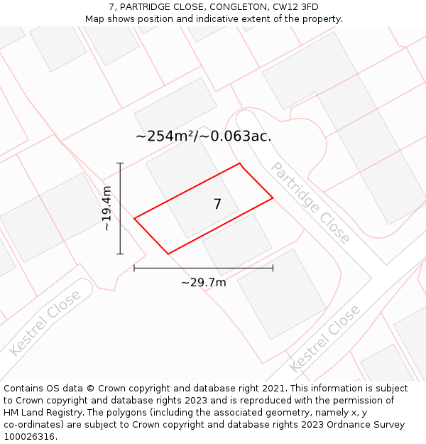 7, PARTRIDGE CLOSE, CONGLETON, CW12 3FD: Plot and title map