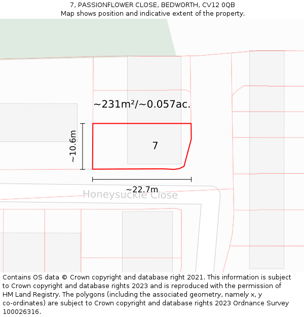 7, PASSIONFLOWER CLOSE, BEDWORTH, CV12 0QB: Plot and title map