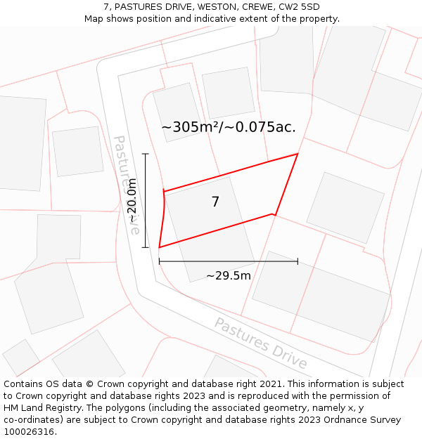 7, PASTURES DRIVE, WESTON, CREWE, CW2 5SD: Plot and title map