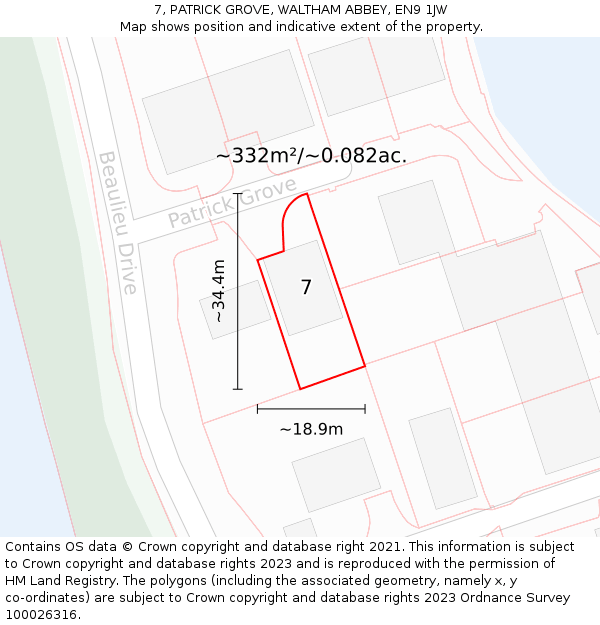 7, PATRICK GROVE, WALTHAM ABBEY, EN9 1JW: Plot and title map