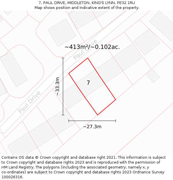 7, PAUL DRIVE, MIDDLETON, KING'S LYNN, PE32 1RU: Plot and title map