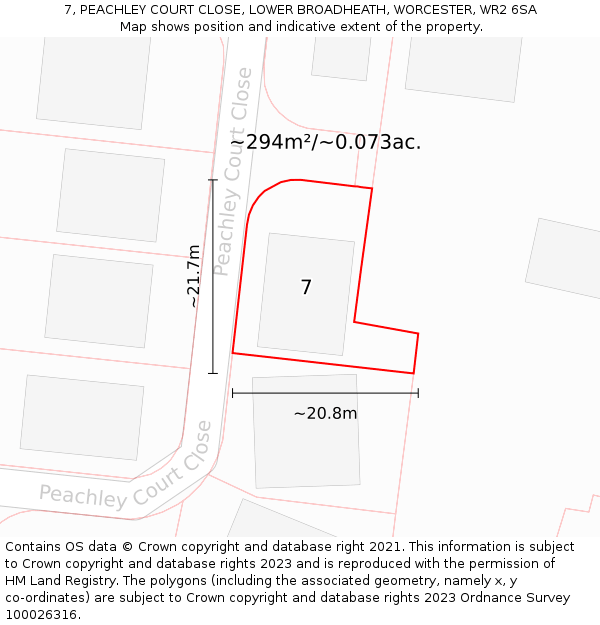 7, PEACHLEY COURT CLOSE, LOWER BROADHEATH, WORCESTER, WR2 6SA: Plot and title map