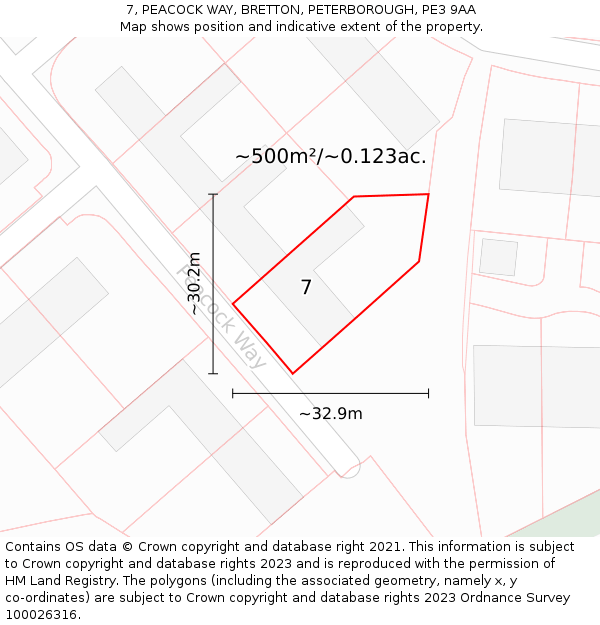 7, PEACOCK WAY, BRETTON, PETERBOROUGH, PE3 9AA: Plot and title map