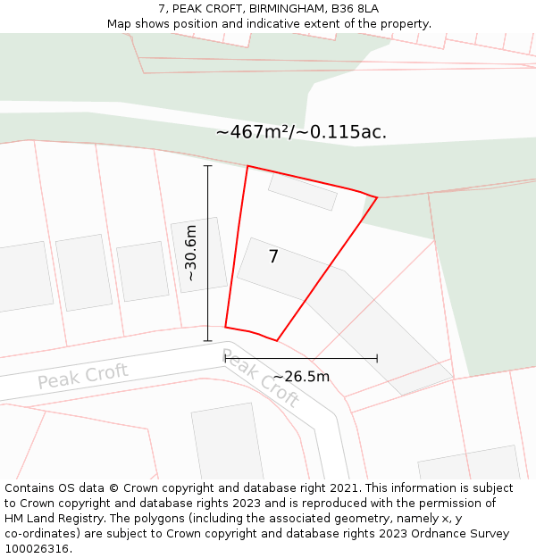 7, PEAK CROFT, BIRMINGHAM, B36 8LA: Plot and title map
