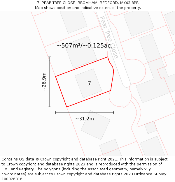 7, PEAR TREE CLOSE, BROMHAM, BEDFORD, MK43 8PR: Plot and title map