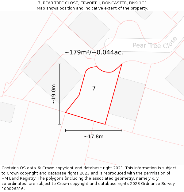 7, PEAR TREE CLOSE, EPWORTH, DONCASTER, DN9 1GF: Plot and title map