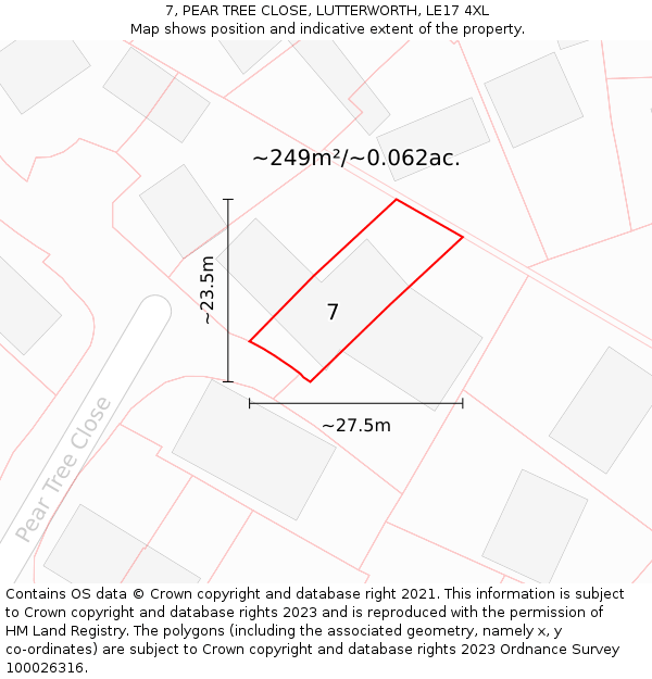 7, PEAR TREE CLOSE, LUTTERWORTH, LE17 4XL: Plot and title map