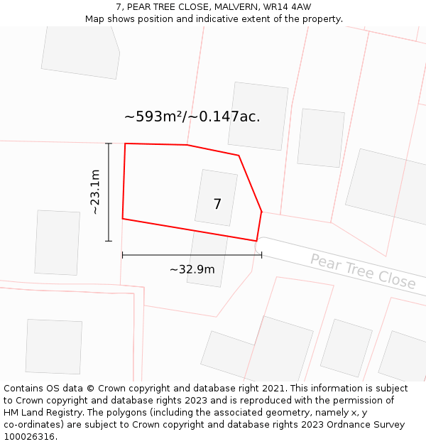 7, PEAR TREE CLOSE, MALVERN, WR14 4AW: Plot and title map