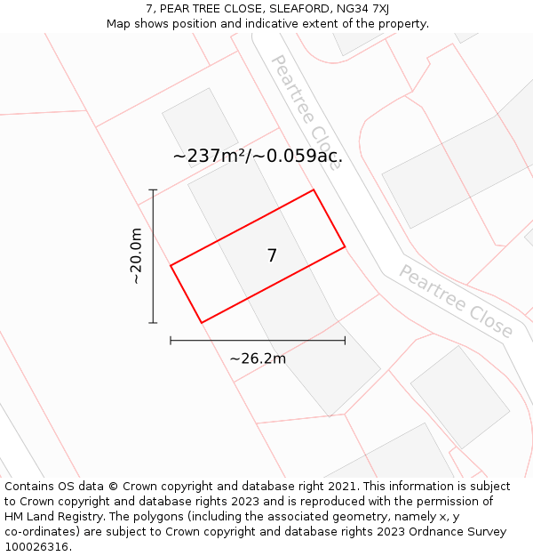 7, PEAR TREE CLOSE, SLEAFORD, NG34 7XJ: Plot and title map