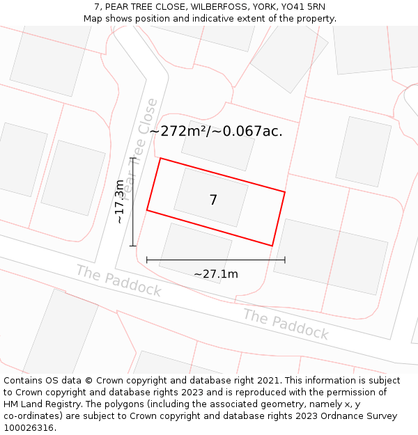 7, PEAR TREE CLOSE, WILBERFOSS, YORK, YO41 5RN: Plot and title map