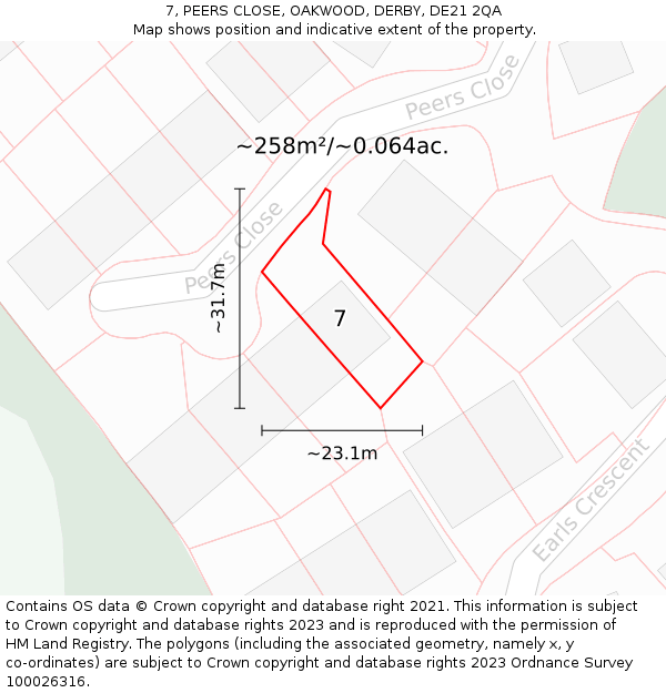 7, PEERS CLOSE, OAKWOOD, DERBY, DE21 2QA: Plot and title map