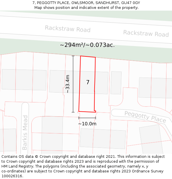 7, PEGGOTTY PLACE, OWLSMOOR, SANDHURST, GU47 0GY: Plot and title map