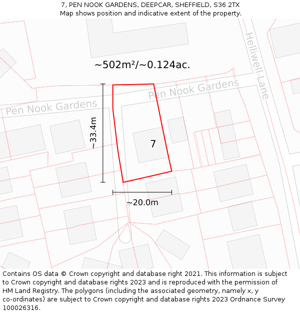 7, PEN NOOK GARDENS, DEEPCAR, SHEFFIELD, S36 2TX: Plot and title map