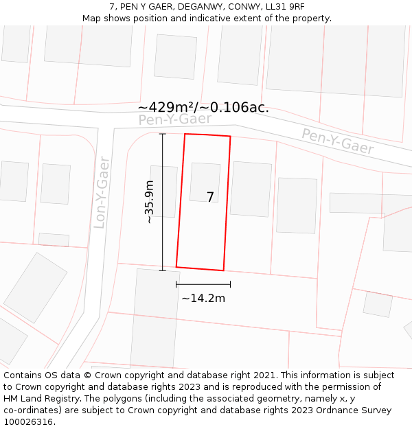 7, PEN Y GAER, DEGANWY, CONWY, LL31 9RF: Plot and title map